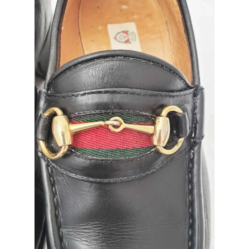 Vintage Gucci  Men’s Black Leather Gold Horsebit Loafers Shoes Green Red 41 M
